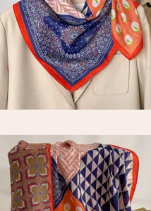 Vintage paisley geometric print square scarf detail, elegant retro style neck scarf for women.