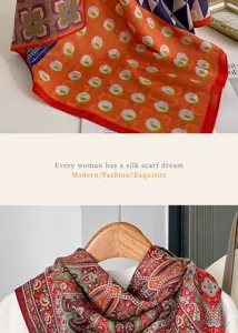Vintage paisley linen silk scarf for women, elegant spring autumn square neckerchief 70cm gift.