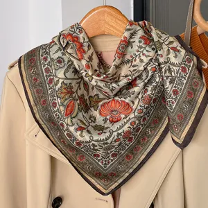 Women Fashion Floral Print Square Scarf Lightweight Soft Polyester Neck Kerchief Pastoral Style Chic Scarf