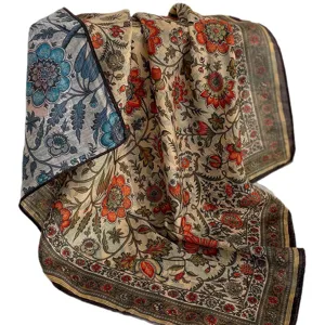 Vintage floral print cotton linen square scarf women summer lightweight pastoral neckerchief shawl