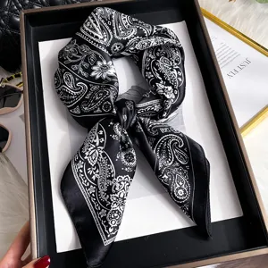 Black and white paisley silk square scarf classic vintage bandana neckerchief for women