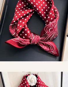 Red silk square scarf with classic polka dots and paisley patterns, elegant accessory.