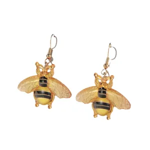 Vintage goldene Bienen Ohrringe mit bernsteinfarbenen Flügeln und schwarzem Streifenkörper.