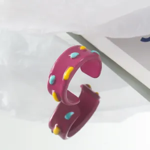 Cute purple enamel open ring with colorful dots, playful adjustable finger ring for women.