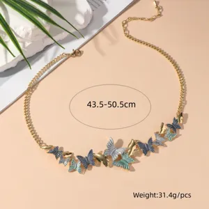 Gold-toned chain necklace detail showing adjustable length 43.5-50.5cm and multi butterfly charms.