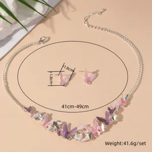 Butterfly pendant necklace and stud earrings set, cute pink and purple enamel design for women.