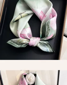 Luxury silk scarf for women with elegant lotus and butterfly print, stylish neckerchief.