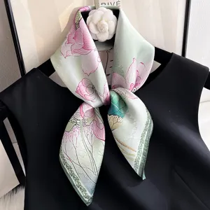 Women Pure Mulberry Silk Square Scarf Vintage Floral Printed Elegant Neck Scarf Fashion Silk Accessories For Daily Wear