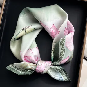 Women's silk square scarf featuring elegant lotus flower print, versatile fashion neckerchief.