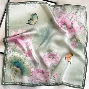 Silk scarf women square green pink lotus flower fashion floral neckerchief hair wrap elegant