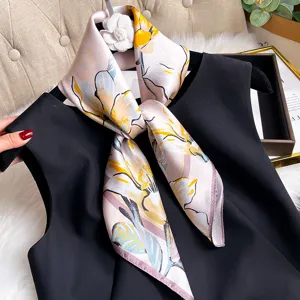 Elegant silk scarf with pink lily floral print, premium mulberry silk square scarf for women.