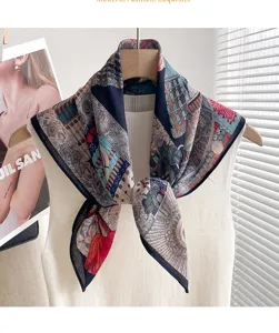 Foulard carré vintage en coton et lin, petit foulard rétro imprimé artistique femme.
