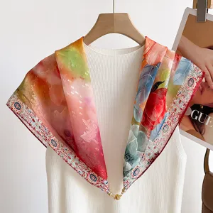 Chic pañuelo cuadrado de pintura al óleo para mujer con hebilla magnética pañuelo ligero.