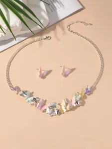 Detailed close-up of colorful butterfly necklace and earrings set, elegant jewelry detail.