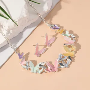 Butterfly Necklace Earring Set Colorful Enamel Butterfly Pendant Choker For Women Subculture Vintage Vacation Style Alloy Jewelry Gift