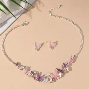 Pink purple butterfly necklace earrings set, vintage style fashion clavicle chain for women.