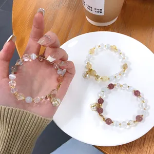 Colorful rutilated quartz strawberry crystal ladybug beaded bracelet sweet Korean jewelry detail