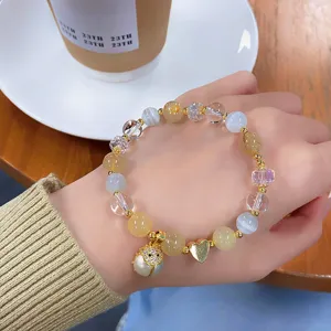 Chic multi-color crystal rutilated quartz bead bracelet with cute ladybug and heart charms for women.