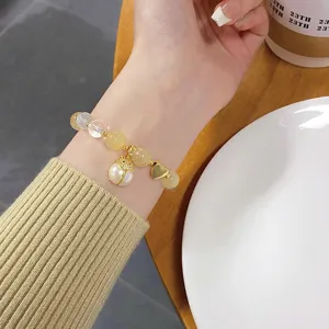Exquisite rutilated quartz ladybug beaded bracelet, sweet ins style wrist jewelry accessory.