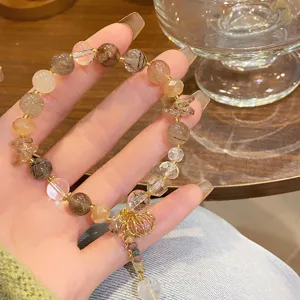 Doux Bracelet Fait à la Main en Quartz Rutilé Citrine Pierre de Soleil Avec Pendentif Coquillage Pierre Naturelle Strass Bijoux Femme