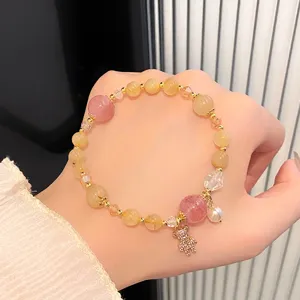Sweet colorful crystal bracelet with cute bear charm, elegant yellow and pink beads jewelry.