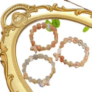 Sweet orange moonstone crystal beaded bracelet with cute gold charms, stylish jewelry gift for women.