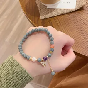 Bracelet en pierre de jade Myanmar avec perle cristal violet et pendentif papillon