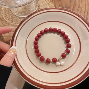 Bracelet de perles en cinabre rouge avec pendentif perle style chinois charmant