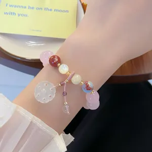 Bracelet lotus en cristal rose style chinois doux, accessoire de bijoux en perles exquise femme.