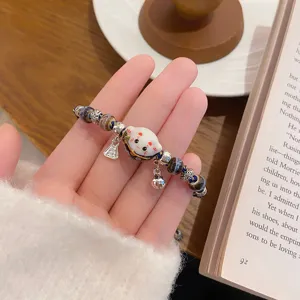 Ceramic Lucky Cat Bracelet Woven Beaded Cute Wristband Friendship Gift for Women.