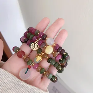 Colorful jade wheel bead bracelet with lucky cat and blessing charm for women elegant jewelry