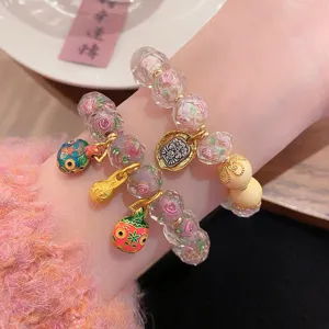 Sweet Fresh Princess Style Glass Rose Bracelet Mythical Creature Charm Handmade Lampwork Floral Beaded Hand Chain For Women