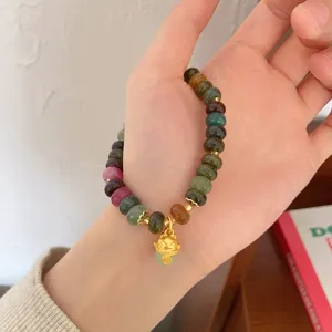 Colorful gemstone wheel bead bracelet with gold lucky cat pendant artistic retro jewelry gift