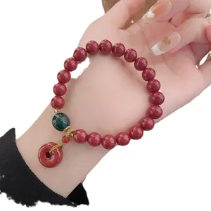 Bracelet de perles de cinabre rouge avec pendentif boucle de paix style chinois bijou chance.