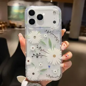 Vista dettagliata cover trasparente margherita bianca, protezione elegante quotidiana.