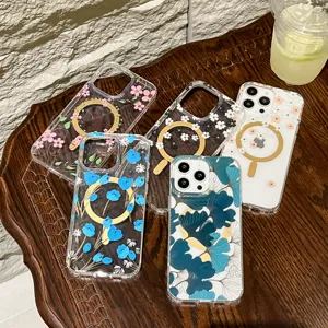 Clear floral MagSafe phone case detail view for iPhone 17 Pro Max 16 with cute flowers.