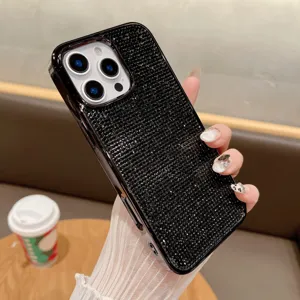Custodia per telefono con strass scintillanti compatibile iPhone 16 Pro Max nera di lusso