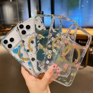 Transparent IMD Botanical Floral Magnetic Ring Phone Case For iPhone Clear PC TPU Protective Cover Case Shell