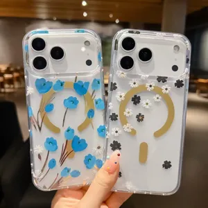 Clear magnetic phone case with elegant floral pattern, high transparency detail view.