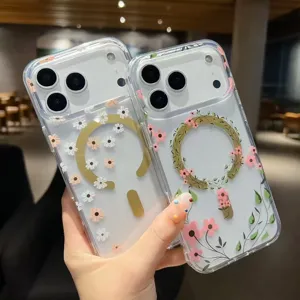 Clear floral MagSafe phone case detail showing exquisite floral patterns and magnetic ring.