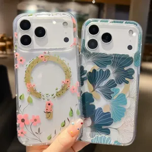 Transparent magnetic phone case with floral and ginkgo art, showing exquisite design details.
