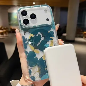 Clear magnetic phone case with blue ginkgo leaves compatible with iPhone, sleek transparent cover.