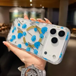 Transparent phone case with blue floral pattern and magnetic ring for iPhone 16 Pro Max
