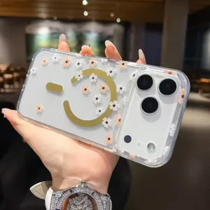 Clear floral phone case with magnetic ring, IMD soft cover compatible with iPhone.