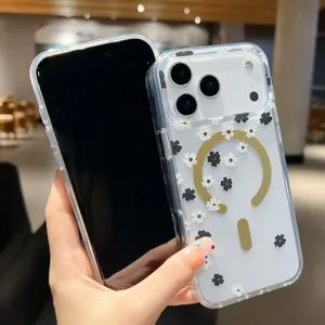 Clear MagSafe phone case for iPhone with black and white floral pattern magnetic cover protective skin.