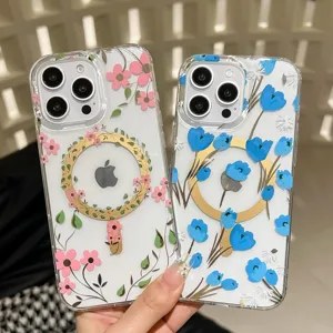 Clear phone case detail showcasing vibrant floral pattern and magnetic ring compatibility.