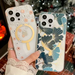 Clear MagSafe Magnetic Phone Case with Floral and Ginkgo Leaf Patterns for iPhone