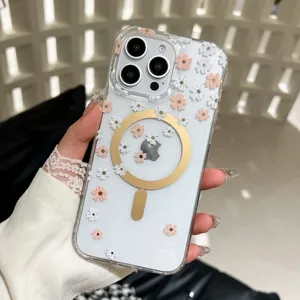 Clear floral magnetic phone case detail showing exquisite 3D flowers and golden Magsafe ring.