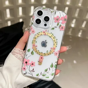 Detailed view of clear floral magnetic phone case with pink flowers and gold ring design.