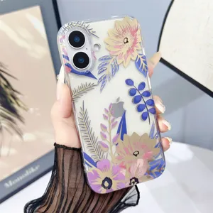 Dettaglio della custodia trasparente per telefono con fiori e motivo elegante per protezione iPhone.
